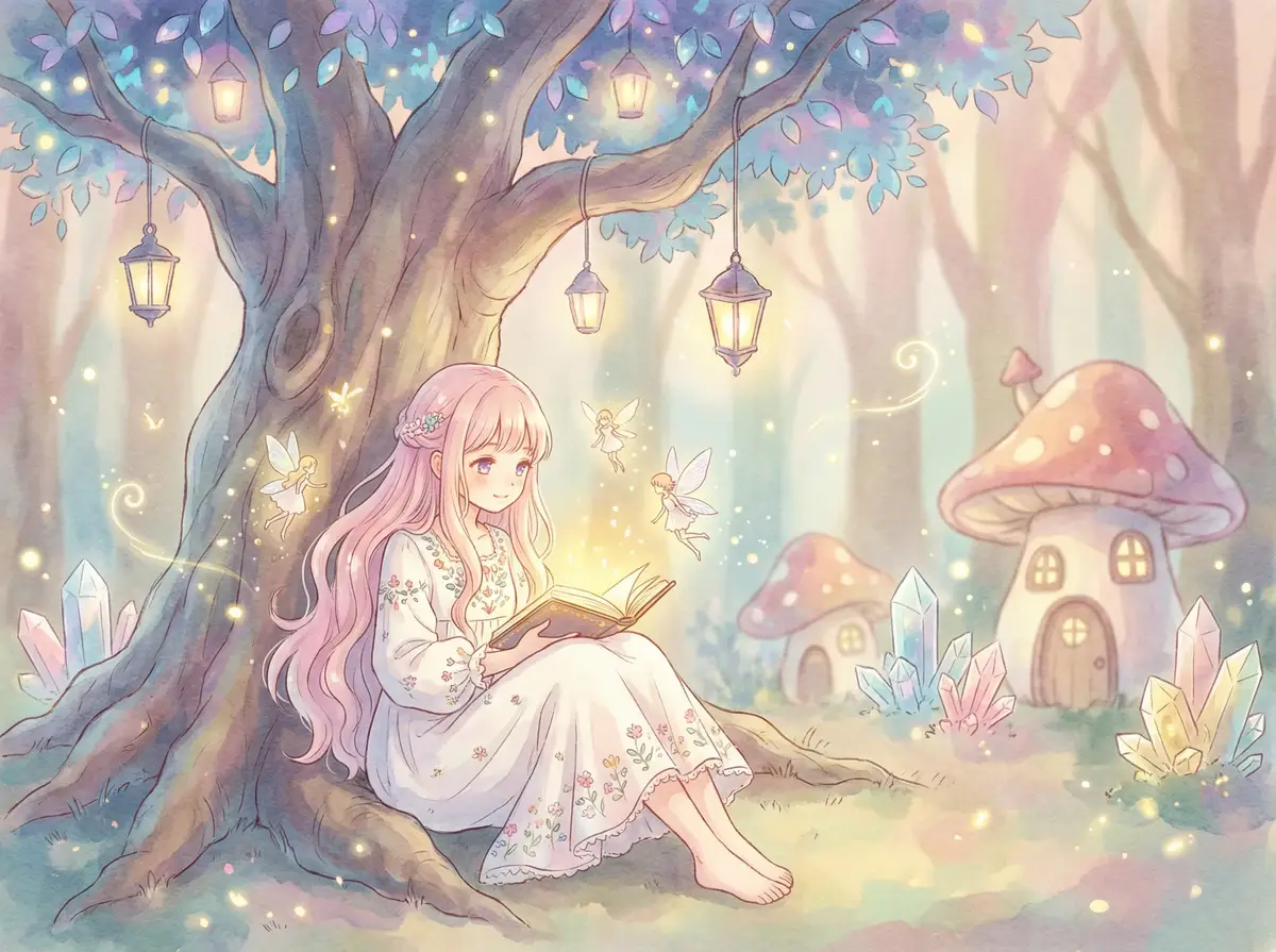隔壁家的女孩 - 魔法森林中阅读故事书的粉发少女与精灵
